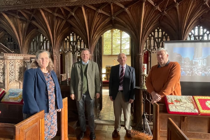 Mel Stride MP, second left, with Cllr Margaret Squires left, and Cllr Peter Heal, right, visiting St Matthew’s Church in Coldridge to hear about a possible link to Edward V from local historian John Dike, third left.  AQ 3688
