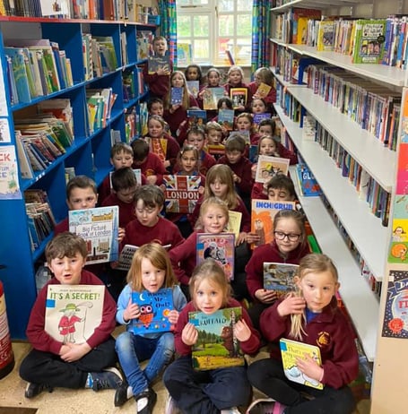 The children in their school library at East Worlington Primary School.
