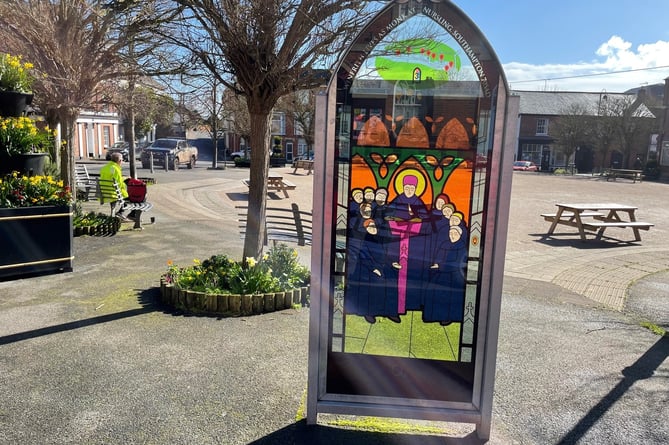 The Boniface Trail Heritage stained glass display in Crediton’s Town Square. Photo: Crediton Town Council
