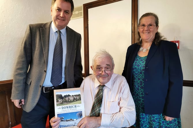 Mel Stride MP and Cllr Margaret Squires with Sandford resident Michael Lee, celebrating his new book 'Dowrich: A Home for All Seasons - More stories from the House, Farm and Farther Afield'.
