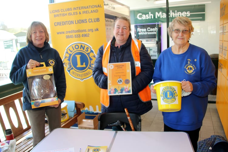 CREDITON Lions spent four days recently selling tickets at the Crediton Morrisons store for its Bumper Easter egg draw.
Pictured, from left, in the store foyer are Lions Karen Todd, Dawn Andrews and Bronwyn Nott.  AQ 5750