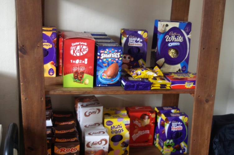 Easter eggs awaiting distribution at Crediton Food Bank.  SR 4971