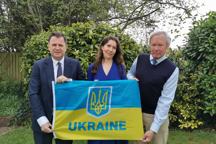 Mel Stride MP, Devon for Ukraine Director Tanya Larsen, and Mid Devon Resident David Lowes working together to help more refugees reach Central Devon.
