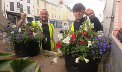 Hanging baskets look great in Crediton High Street