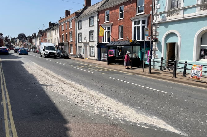 The concrete and stones spill in Crediton High Street.  AQ 9829
