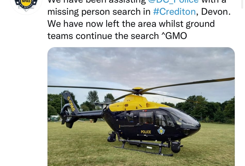 Police helicopter and officers search for missing person in Crediton
