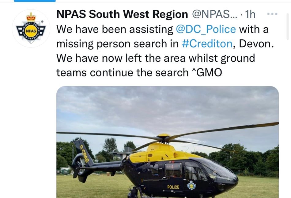 Police helicopter and officers search for missing person in Crediton
