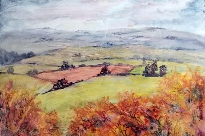 Through the hedge to new views, by Celia Olsson, a watercolour and ink on canvas board.
