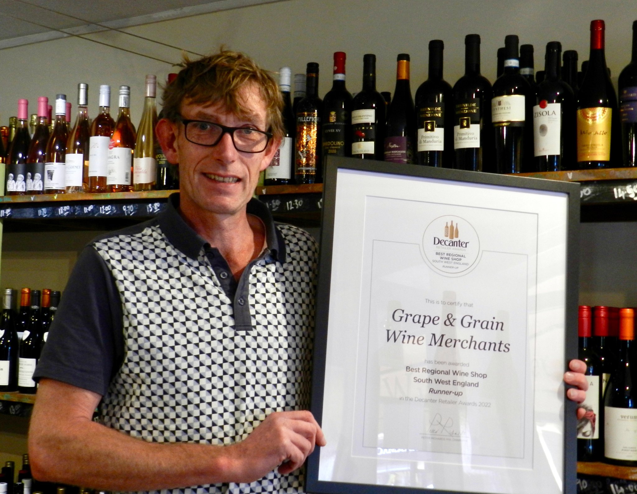 Bruce from Grape and Grain in Crediton gets Decanter award
