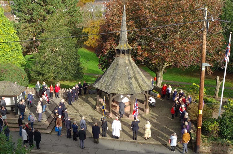 A bird’s eye view of the Armistice Day ceremony held at Crediton Town and Hamlets War Memorial this morning, Friday, November 11. Photo: Christine Marshall