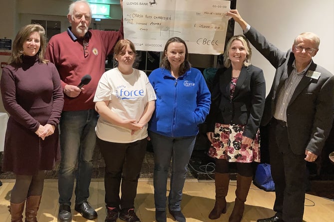 At the charity cheque presentation, from left, Claire Wright (St Petrock’s), Richard Nunn (Rally Chairman, Crash Box Club), Naomi Cole (FORCE Cancer Charity), Lyndsey Trimmer (FORCE Cancer Charity), Zoe Partridge (Pete’s Dragons), and Richard Wood (Journal Editor, Crash Box Club).  
