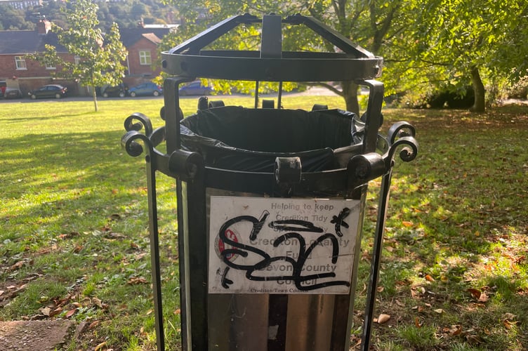 Graffiti on a bin in People’s Park in Crediton.