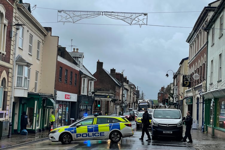 The current scene in Crediton High Street.
