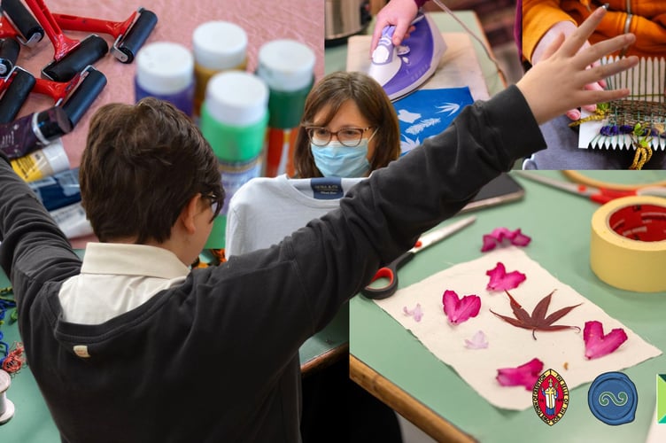 A Crediton young person and Catherine West celebrating a completed creation at Significant Seams Craftivism Club in Winter/Spring 2022 and a collage of the art materials and making from other recent workshops.
