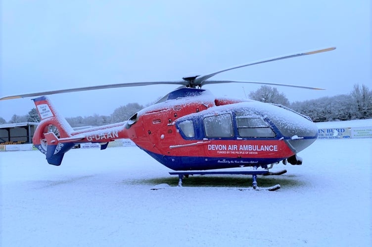 Devon Air Ambulance H135 Helicopter G-DAAN at Witheridge FC.
