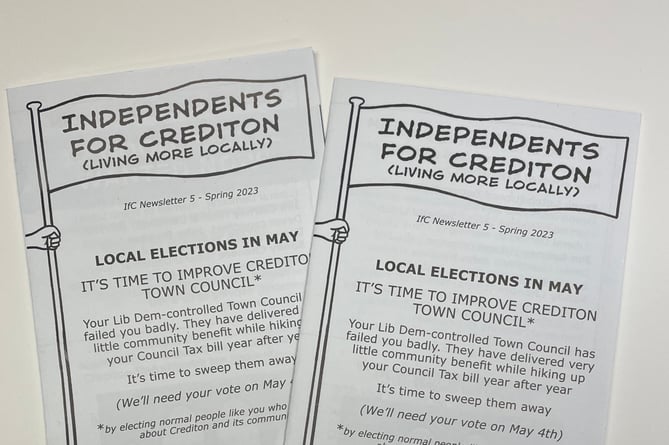 A leaflet by Independents for Crediton has been criticised by a Crediton resident.  AQ 3528
