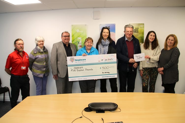 Charity representatives who received funding for their charities, from left, John Groves (Devon Air Ambulance), Jenny Berg and Kevin Wish (Age Concern Crediton), Sharon Collins (Hospiscare) and second right, Lauren Flitcroft (Step One Charity) with fifth left, Bethany Parsley, Head of Technology and Development, Crediton Dairy, sixth left, Tim Smiddy, managing director, Crediton Dairy and right, Nancy Featon, Head of HR, Crediton Dairy. AQ 0073