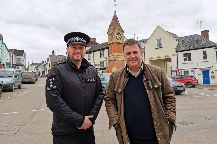 Inspector Chris Conway, left, and Mel Stride MP out on the beat in North Tawton.
