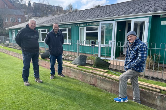 Ground staff at Crediton Bowling Club during the upgrade of two of the gutters, from left, Roy Andrews, Trevor Newberry and George Newberry.  AQ 4084
