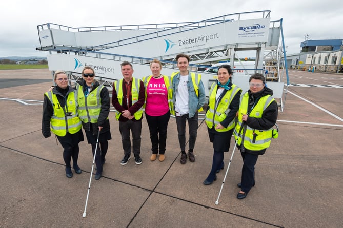 Photo by Theo Moye 02/02/23 The RNIB train Passsenger Services staff at Exeter Airport to help visually impaired passengers. Pictured from left are Sabrina Gliddon, Hayley McArdle, the RNIBâs Community Connection Manager Richard Shuker and Community Connection Co-ordinators Tricia Sail and George Hinton, and Sophie Horn and Cornelia Hrubariu from Exeter Airport.