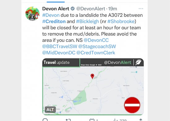 The Tweet issued by Devon County Council through the Devon Alert site.