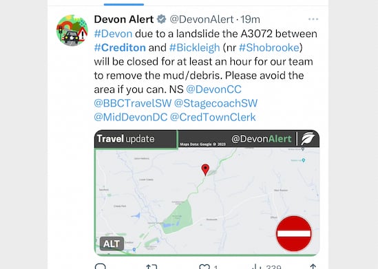 The Tweet issued by Devon County Council through the Devon Alert site.
