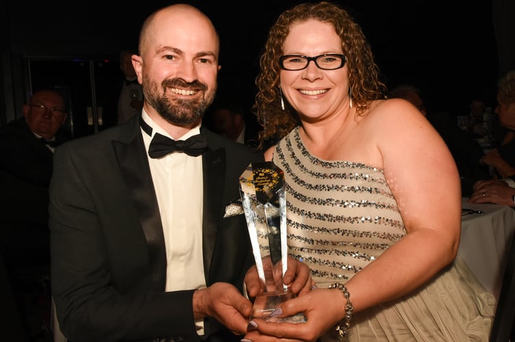 Fix Auto Mid Devon directors Erika Woolacott and Dom Lamb with the Crediton company’s latest award given at the British Bodyshop Awards held in Manchester.