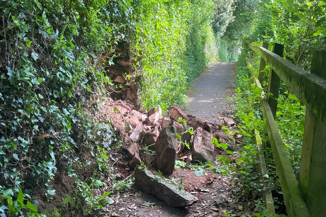 Where the wall has collapsed and blocked the public footpath in Penton Lane.  AQ 8865