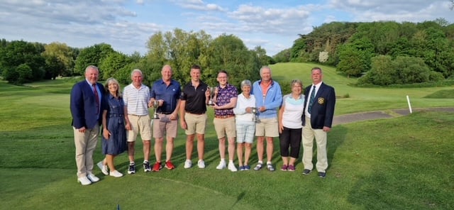 From left, Gary Carey Okehampton Captain, Rebecca Aven Ladies Captain, Handicap winner Alan Searle and Kevin Cornwall, Scratch winners Will Searle and Lewis Parry, Mixed winners Susan and David Williams. Downes Captain Duane Greenslade and Okehampton Ladies Captain Di Johnson.