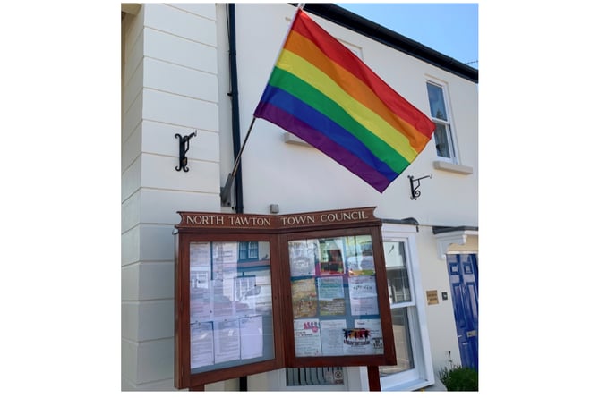 The Pride flag at North Tawton Council Offices in February.