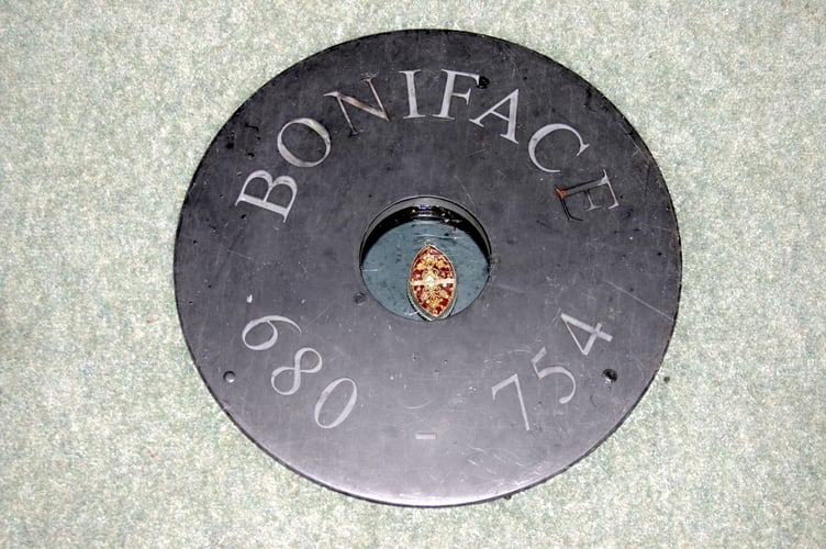 The relic of St Boniface, said to be a piece of bone from one of his fingers, is contained in a casing buried in the floor at the National Shrine.  AQ 8457