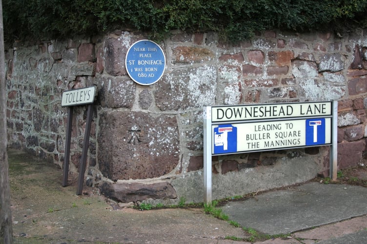 The blue plaque for St Boniface at Tolleys, Downshead Lane.  AQ 8499