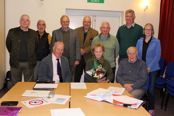 Crediton Hamlets Parish Council with Derek Coren, front right, who has retired from MDDC, with, from left, David Parker, Frank Letch, Tony Price, George Mortimer, Nick Yarnold, Paul Brimacombe, Edna Beasley, and seated, from left, chairman John Stevens and Clerk Rachel Hodder.  SR 7279