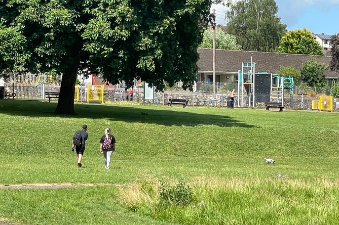 Dog owners pictured with their dog off a lead in Newcombes Meadow on June 19.  AQ 1459