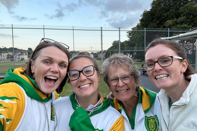 This is what it looks like when you have just qualified to play in the National Finals to be played at Leamington Spa. The Crediton Bowling Club ladies team of Helen Ellis, Amy Bond, Liz Smerdon and Nikki Payne won their rain delayed National Fours County Final at Paignton against Uffculme.