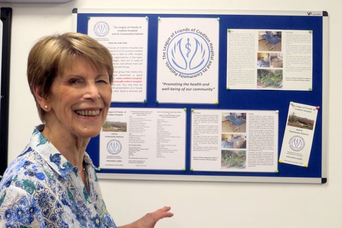 Louise Adams, chairman the Hospital League of Friends, with the new League of Friends notice board in the hospital reception area.  SR 3256   