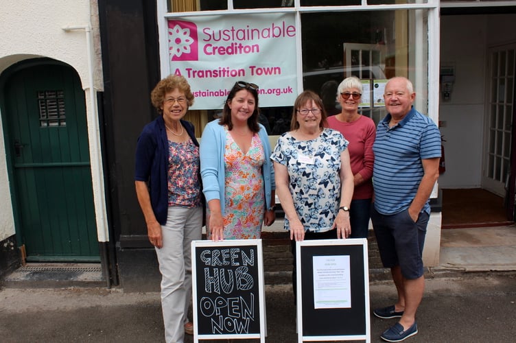 Caroline Romijn (Sustainable Crediton), Town Clerk Rachel Avery, Dee Ross, Jenny Hole (Sustainable Crediton) and Jim Cairney (Crediton Town Council) outside the Hub. SR 8230