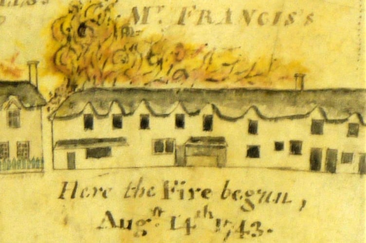 The image of where the fire began from the historic map of Crediton which can be viewed in the Museum.