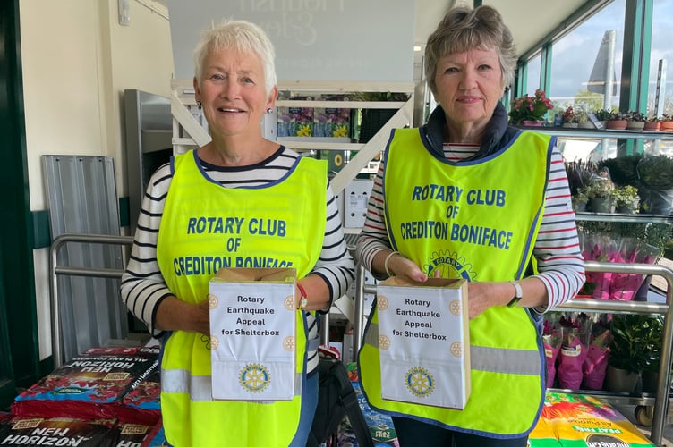 Rotarians Sheila Ralph and Liz Ledsham collecting donations at Crediton Morrisons this morning, September 15.  AQ 6736