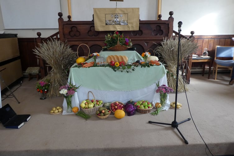The harvest table display at Cheriton Fitzpaine Methodist Church.