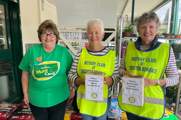 Crediton Morrisons Community Champion Hazel Evely, left, with Rotarians Liz Ledsham and Sheila Ralph collecting donations at Crediton Morrisons on Friday, September 15. AQ 6742