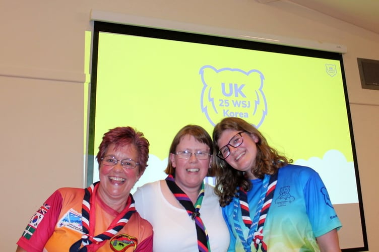 Leader Linda Atonguia with Helen Derbyshire, Acting Mid Devon Scouts District Commissioner, and Alice Smith. SR 8858