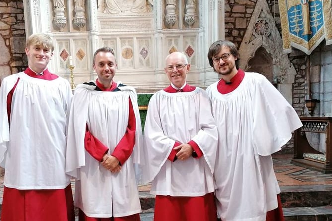 Duncan Wauchope, left, has been welcomed to the music team at Crediton Parish Church, pictured with, from second left, Director of Music, Jon Rawles, Rev Peter Gilks who, as well as being one of the retired clergy at the church, is an accomplished organist and right, Luke Tayler, Choral Assistant. 