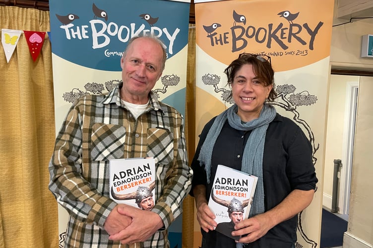Adrian Edmondson before his talk in Crediton, pictured with Dee Lalljee, The Bookery chief executive officer. AQ 8389