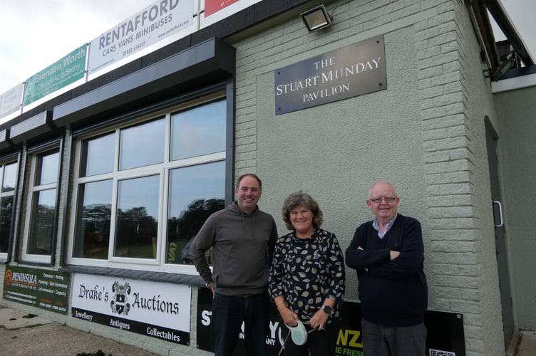 From left, Cllr Adam Bridgewater, Cllr Debo Sellis, WDBC ward members for Tavistock South East, with Andrew Jarman, Tavistock Cricket Club president outside Tavistock Cricket Club's pavilion.