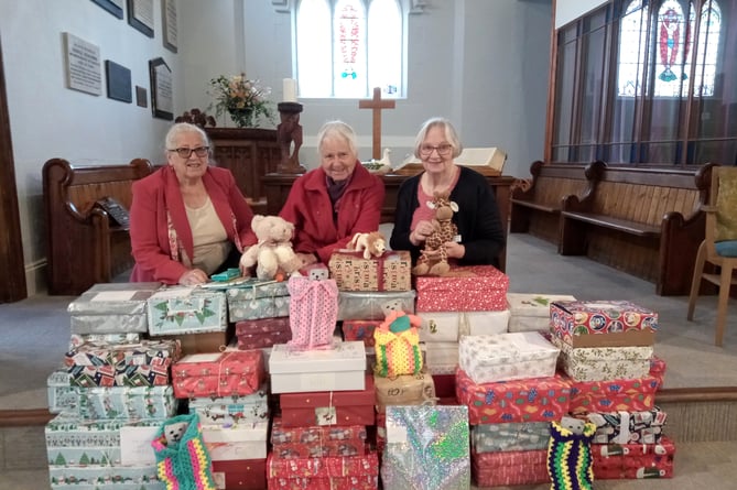 At the Shoebox Service at Crediton Methodist (from L to R) Tina Turner, Marjorie Ashley and Pam Murphy.