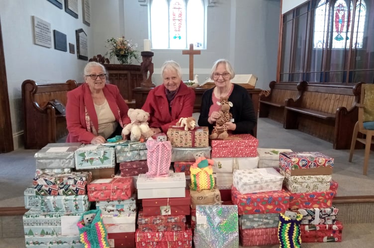At the Shoebox Service at Crediton Methodist (from L to R) Tina Turner, Marjorie Ashley and Pam Murphy.