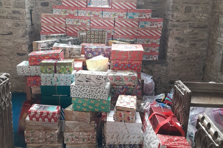 The shoe boxes of items in Coldridge Church which will be going to Bulgaria. 