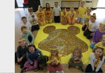 Crediton's Landscore Primary School pupils made a Pudsey out of pennies
