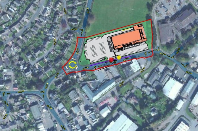 A map of where the proposed Lidl store will be located in Crediton.